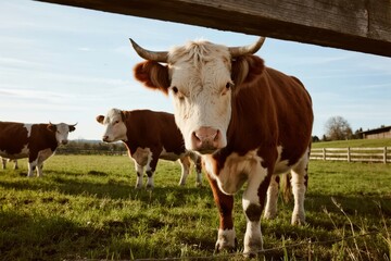 Naklejka premium Brown and white cows grazing in a grassy field under a wooden structure on a sunny day