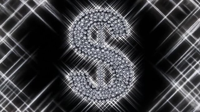 Sparkling diamond dollar sign against black background with light streaks
