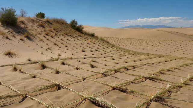 Desert sand control and desertification control vegetation laying scene Desert vegetation restoration worker
