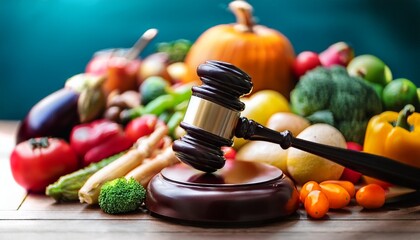 a judge s gavel rests on a wooden block amidst a variety of fresh produce and processed food items suggesting a food law or regulation concept