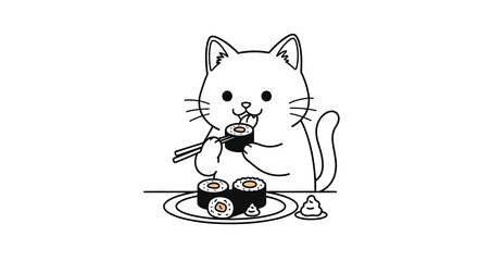 Fototapeta premium A cute white cartoon cat is happily eating sushi with chopsticks, sitting at a table with a plate of sushi.
