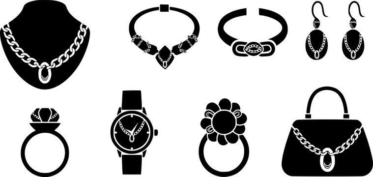 Jewelry and fashion accessories icon set featuring simple black silhouettes of various gold chain links &ndash; Black and White Vector Illustration