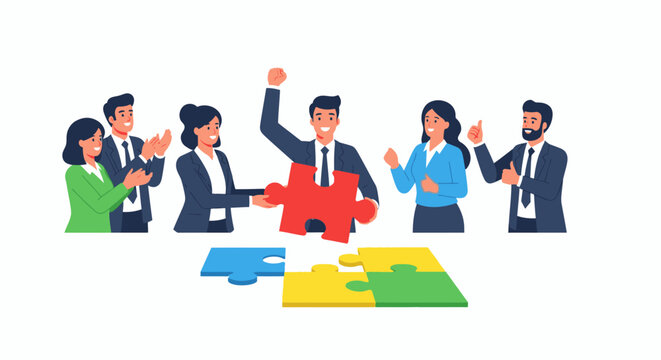 Business team working together, completing puzzle pieces