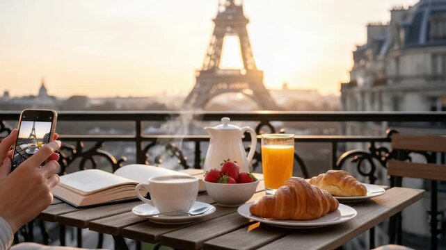 Person Photographing Breakfast Pastries Coffee On Balcony In Paris With The Eiffel Tower In The Background Possibly To Share On Social Media