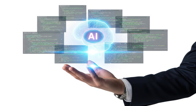 A hand in a business suit holds a glowing blue brain with ai and coding screens