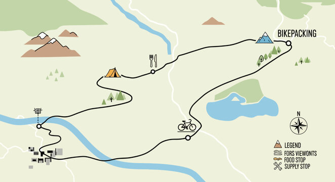 Bikepacking route map with campsite, food stops, and scenic views