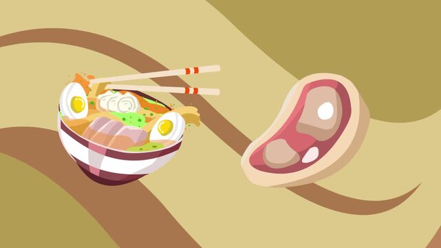 Animated video of a bowl of Japanese ramen and a steak moving on a colorful background, food, 2D art.