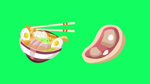 Animated video of a bowl of Japanese ramen and a steak moving on a green background, food, 2D art.