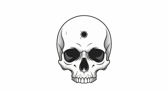 Realistic black and white illustration of a skull with a bullet hole