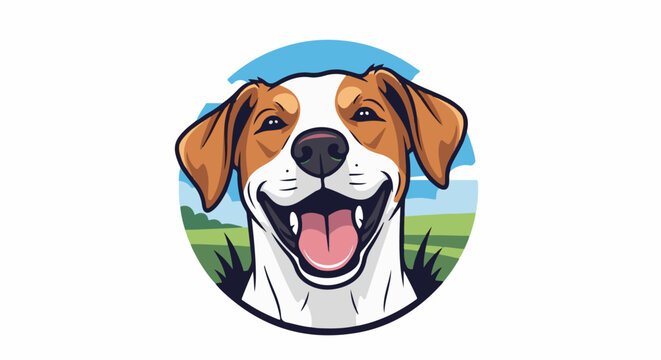 A joyful cartoon dog smiles widely in a circular portrait with a grassy background