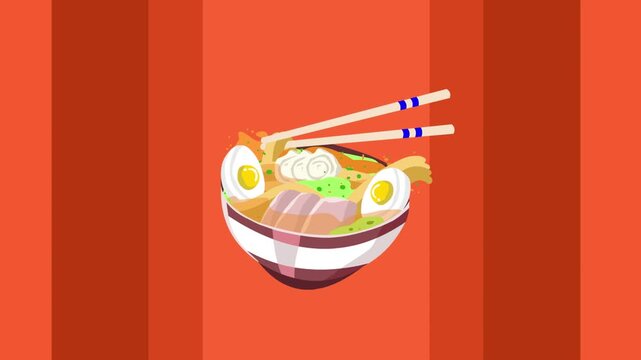 Animated video of a bowl of Japanese ramen with noodles and egg moving on a red background, food, art, 2D.