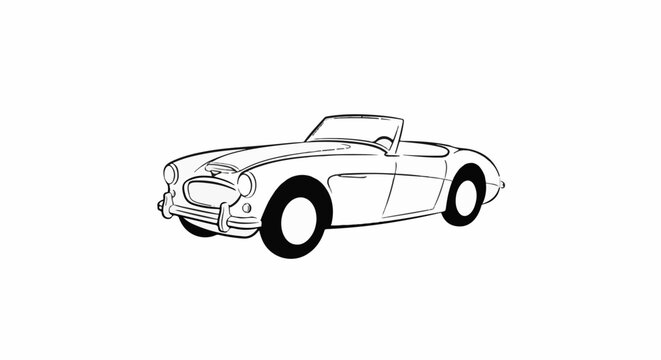 A simple black and white line drawing of a classic convertible sports car