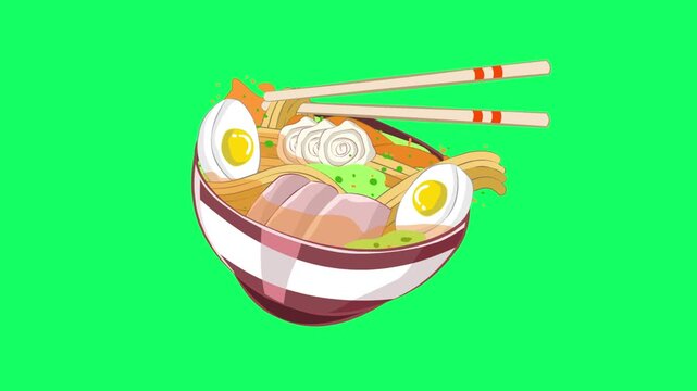 Animated video of a bowl of Japanese ramen with noodles and egg moving on a green background, food, art, 2D.