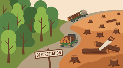 Deforestation: Logging trucks removing wood from a clear-cut forest © Artification
