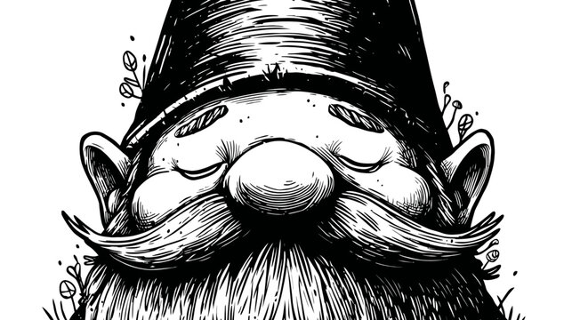 Charming black and white illustration of a gnome with a long beard