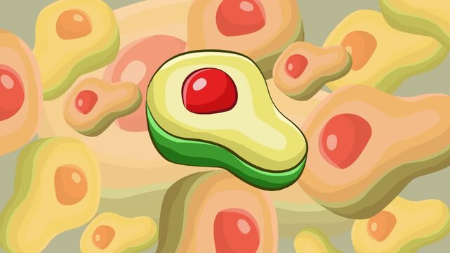 Animated video of a cut avocado moving on a colorful background, food, art, 2D.