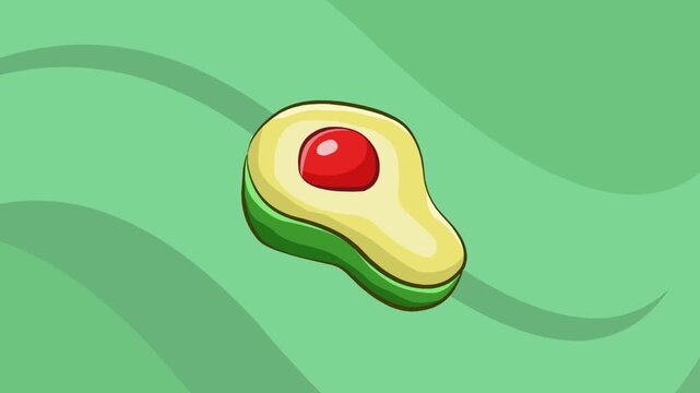 Animated video of a cut avocado moving On a green background, food, art.