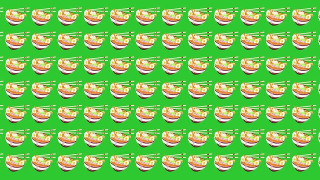 Animated video of a slideshow of several bowls of Japanese ramen passing by on a green background, food, art, 2D.