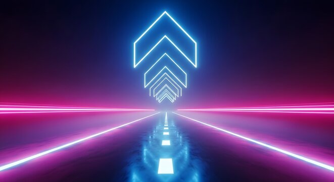 High speed internet and digital data progress. Success direction and futuristic movement. Neon pink and blue highway with glowing upward arrows pointing toward the horizon