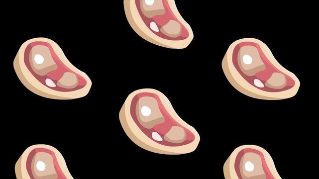 Animated video of several beef steaks descending on a black background, food, art, 2D.