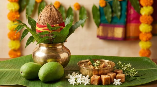 Traditional Hindu puja arrangement with kalash, coconut and sweets.