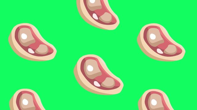 Animated video of several beef steaks descending on a green background, food, art, 2D.