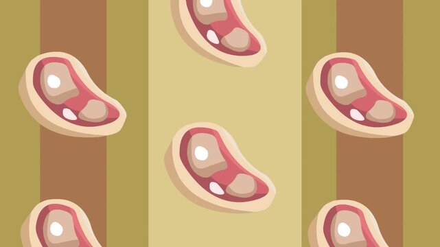 Animated video of several beef steaks descending, food, art, 2D.