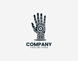 Fototapeta premium A robotic hand with mechanical joints is illustrated in a clean modern black vector logo illustration style on a white background