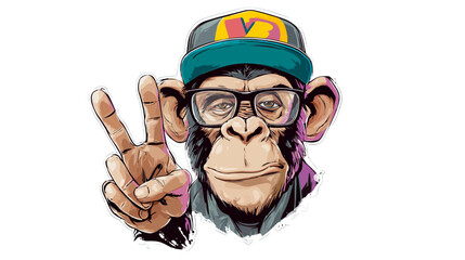 Cartoon monkey wearing hat and glasses giving peace sign isolated © Mangku
