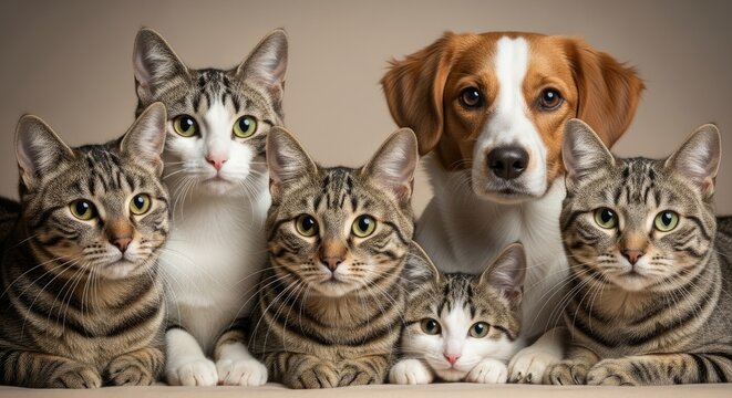 Group of cats and dog looking at camera against light brown background