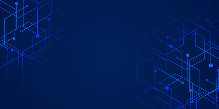 Abstract technology background with glowing blue hexagons and scattered geometric shapes representing data.