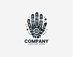 Fototapeta premium A robotic hand with mechanical joints is illustrated in a clean modern black vector logo illustration style on a white background