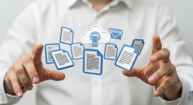 A man presenting documents and data in the cloud
