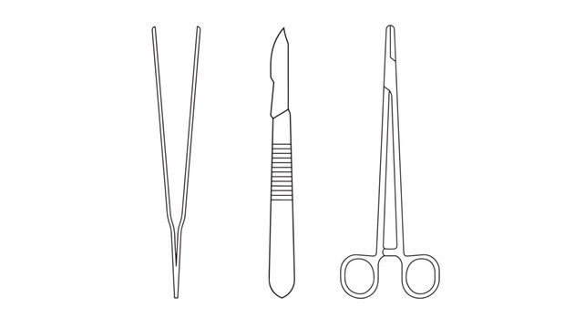 Surgical instruments with tweezers, scalpel, and hemostatic clamp presented as simple line art vector outlines on white background.