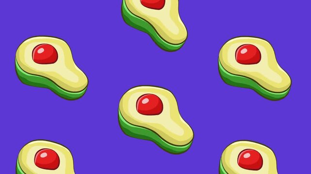Animated video of several cut avocados descending on a blue background, food, art, 2D.