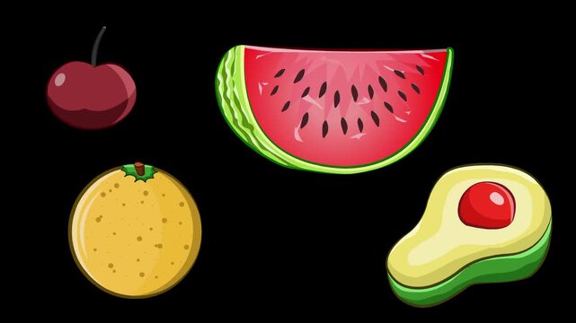 Animated video with four fruits, one avocado, Orange, watermelon and a cherry moving on a black background, food, art, 2D.
