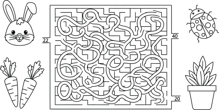 black and white maze for kids with garden theme