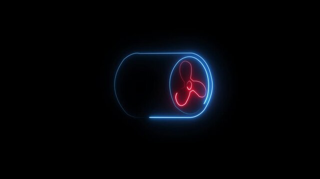Neon fan icon in pink outline on a black background representing ventilation or air circulation technology concept isolated on transparent background