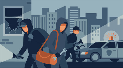 Criminals committing a robbery with police arriving in a city at night © Artification