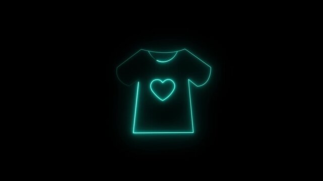A red neon outline of a t-shirt with a heart symbol in the center on a black background, conveying love and affection for apparel and fashion