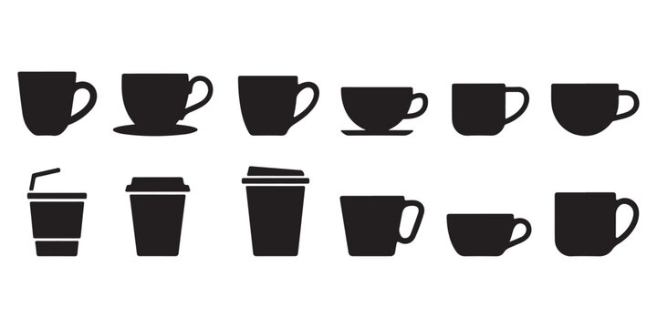 Coffee cup and mug silhouette icon collection with multiple shapes including takeaway cups
