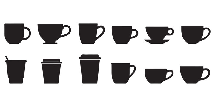 Coffee cup and mug silhouette icon collection with multiple shapes including takeaway cups