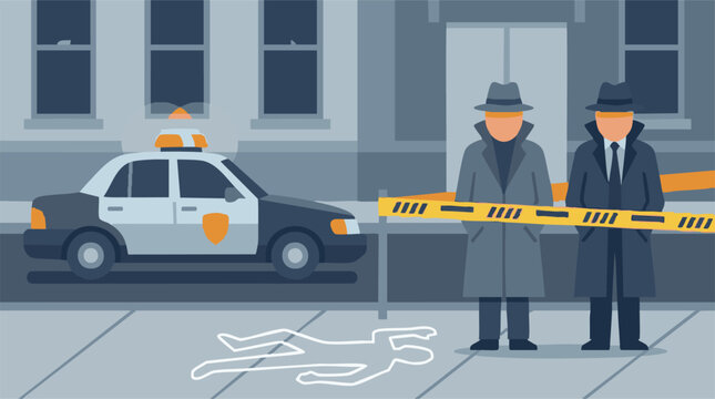 Crime Scene Investigation with Detectives, Police Car, and Body Outline