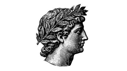 Classical bust profile in black and white with laurel wreath on white © Mangku