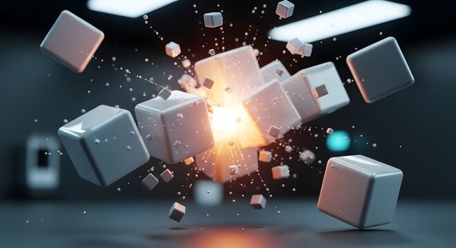 Abstract breaking blocks and data fragmentation. Digital transformation and system upgrade concepts. White 3D cubes exploding from a central light source in a dark laboratory setting.