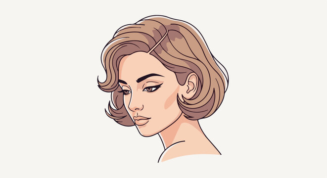 Stylized portrait of a woman with short, wavy brown hair and subtle makeup
