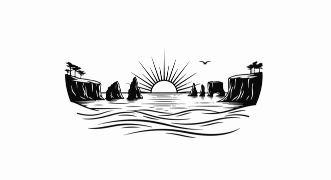 Stylized sun setting over ocean with sea stacks and rocky cliffs