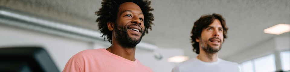 Fototapeta premium Two adult males african caucasian smiling together in bright gym on treadmills during cardio workout session with casual athletic apparel and positive energy