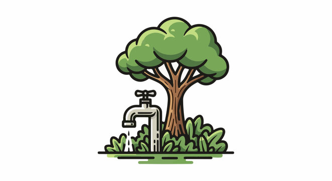 A tap leaks water onto green grass beneath a large tree