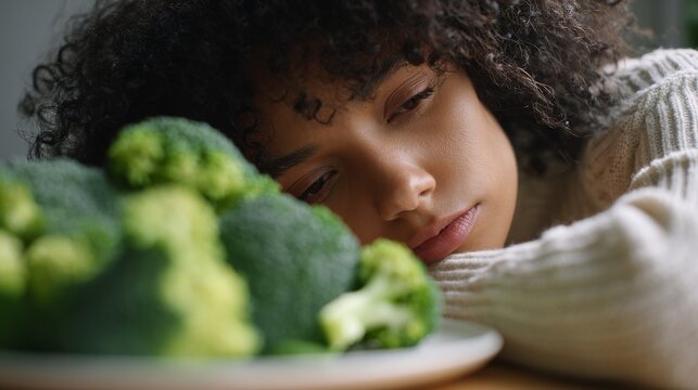 Young Woman Looks Sadly at Plate of Broccoli on Table.